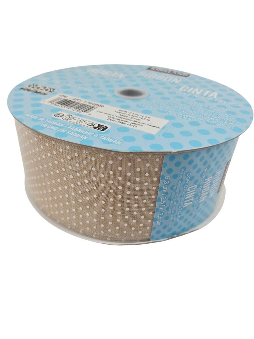 Kirkland Signature Wire Edged Ribbon 2.5 in X 50 Yards Beige Polka Dot Design